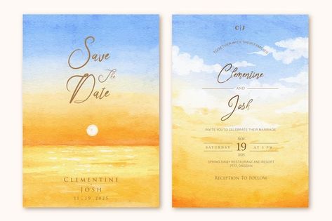 Sunset Invitation, Sunset Wedding Invitations, Beach Invitations, Sunset Wedding, Sunset Sky, Wedding Templates, Watercolor Background, Wedding Invitation Templates, Invitation Cards