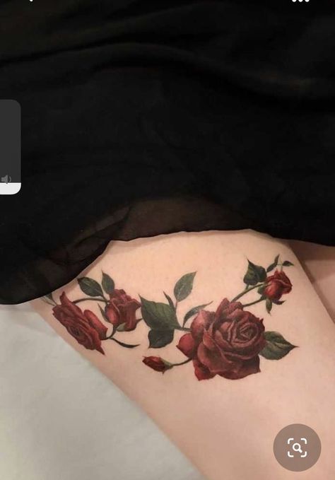 Rose Garter Tattoo, Tattoo On Thigh For Women, Garter Tattoos, Rose Vine Tattoos, Rose Tattoo Forearm, Rose Tattoo Thigh, Tato Minimal, Rose Hand Tattoo, Rose Tattoos For Men