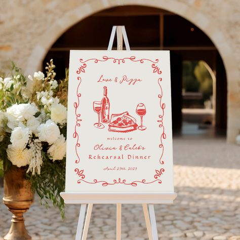 Whimsical Drawn Pizza Wine Rehearsal Dinner Sign Thats Amore Sign, Rehearsal Dinner Sign Ideas, Pizza Party Welcome Dinner, Winery Rehearsal Dinner, Pizza Welcome Party Wedding, Garden Party Rehearsal Dinner, Rehearsal Dinner Pizza Party, That’s Amore Rehearsal Dinner, Pizza Rehearsal Dinner Ideas