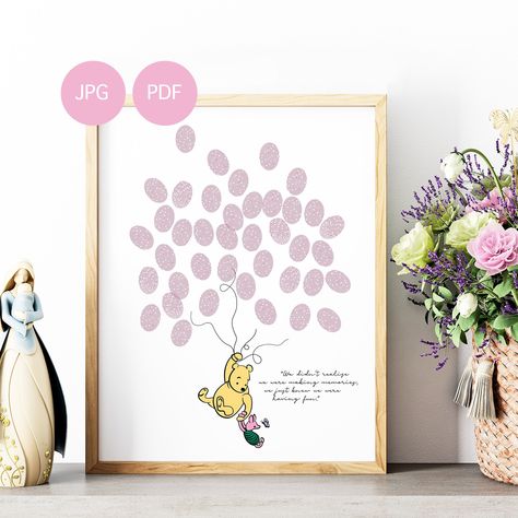 Guest Book Fingerprint, Baby Shower Fingerprint, Baby Shower Balloon Decorations, 50 Balloons, Baby Room Wall Art, Fingerprint Tree, Tree Poster, Thumb Prints, Pooh Baby