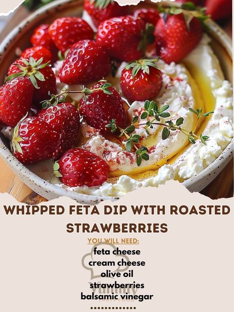 🍓🧀 Dive into creamy whipped feta topped with sweet roasted strawberries! #WhippedFetaDip #GourmetSnack 🍽️ Whipped Feta Dip with Roasted Strawberries 🛒 Ingredients: 200 grams feta cheese 50 grams cream cheese, softened 30 ml olive oil 200 grams strawberries, hulled and halved 1 tbsp balsamic vinegar (15 ml) 1 tbsp honey (15 ml) Fresh thyme for garnish 👩‍🍳 Instructions: Roast Strawberries: Toss strawberries with balsamic vinegar and honey. Roast at 200°C (400°F) for 15-20 minutes. Whip Feta... Whipped Feta Dip, Fancy Appetizers, Strawberry Balsamic, Strawberry Delight, Roasted Strawberries, Feta Dip, Vinegar And Honey, Gourmet Snacks, Whipped Feta