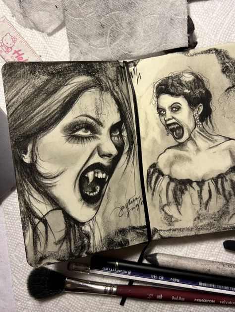 Dot Drawings, Black Sketchbook, Vampire Drawings, Small Sketchbook, Gcse Art Sketchbook, Arte Peculiar, Arte Van Gogh, Charcoal Art, Sketchbook Art Journal