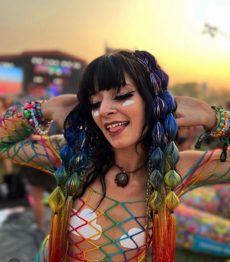 Easy to install rave braids worn by basskitten at bonnaroo 2023 Pride Braids, Raver Hair, Edm Hair, Bonnaroo 2023, Wow Hair, Rave Braids, Diy Ponytail, Burning Man Girls, Loving Partner