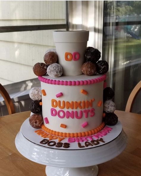 Dunkin Donuts Cake Birthday, Dunkin Birthday Cake, Dunkin Cake Ideas, Dunkin Donuts Themed Birthday Party, Fair Cake Decorating Ideas, Dunkin’ Donuts Cake, Dunkin Birthday Party, Dunkin Donut Cake, Dunkin Party