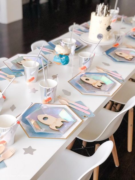 Space Themed Party Table from a Pastel Iridescent "To Infinity & Beyond" Space Party on Kara's Party Ideas | KarasPartyIdeas.com (12) Space Birthday Table Decorations, Space Party Table Decor, Space Theme Centerpiece Ideas, Kids Table Party, Birthday Color Palette, Planet Cake Pops, Space Themed Event, Kids Party Table, Iridescent Table