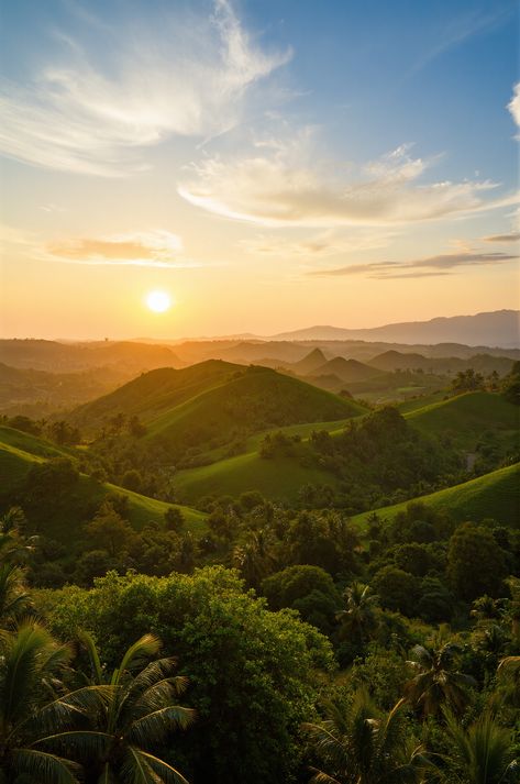 Golden hour magic at the Chocolate Hills of Bohol! ✨ These iconic mounds are a must-see in the Philippines. #TravelGoals #Bohol Tropical Vegetation, Chocolate Hills, Wispy Clouds, Bohol Philippines, The Golden Hour, Island Paradise, Bohol, Long Shadow, Sunset Landscape