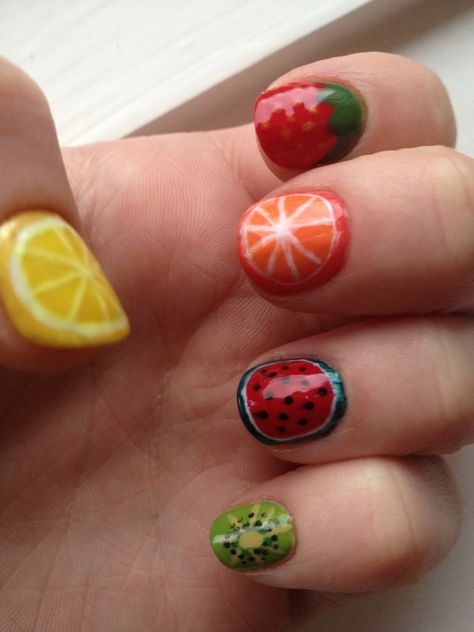 Fruit Salad Nails, Short Fruit Nails, Fruity Nails, Fruit Nails, Fruit Nail Art, Cute Short Nails, Fruit Cocktail, Amazon Beauty, Hippie Nails