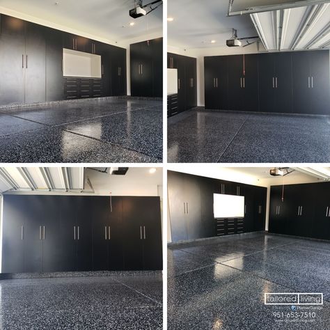 Beautiful black garage cabinets paired with a "salt & pepper" floor. Call us today at 951-653-7510 Garage Storage Cabinets Built Ins, Fridge In Garage Ideas, Black Wall Garage, Black Garage Cabinets, All Black Garage Interior, Garage Lights Interior, Black Ceiling Garage, Black Garage Walls, Black Interior Garage