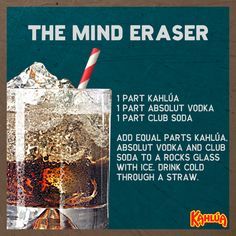 Mind Eraser Shot Recipe, Mind Eraser Drink, Kahlua Drinks, Kahlua Coffee, Kahlua Coffee Liqueur, Quick Drinks, Mudslide, Coffee Liqueur, Arabica Coffee Beans