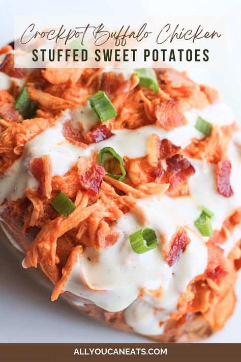 These buffalo chicken stuffed sweet potatoes are any buffalo-lover's dream! If you're not a buffalo fan, you soon will be. #buffalo #buffalochicken#slowcooker #slowcookermeals #crockpot #crockpotmeals #sweetpotato #sweetpotatoes Chicken And Sweet Potato Crockpot, Buffalo Chicken Sweet Potato Crock Pot, Crockpot Buffalo Chicken Baked Potato, Buffalo Chicken Baked Potatoes, Loaded Buffalo Chicken Baked Potato, Buffalo Chicken And Potato Bake, Buffalo Chicken Stuffed Sweet Potatoes, Chicken Sweet Potatoes, Crockpot Buffalo Chicken