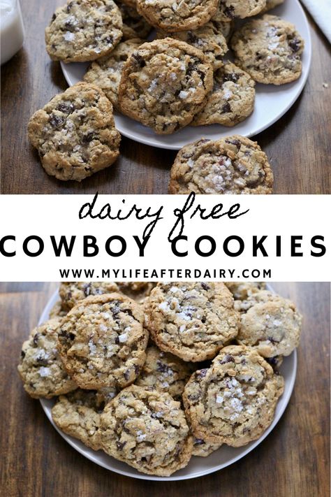 These delightful cowboy cookies are packed with dark chocolate chips, toasted pecans, and hearty oats. These overstuffed cookies are the perfect indulgence for any occasion. They are quick and easy to make, can be stored in the freezer for making at a moment's notice, and perfect for sharing. best of all they are entirely dairy free! #cowboycookies #cookies #dairyfree #mylifeafterdairy Dairy Free Cookie Recipe, Dairy Free Chocolate Chip Cookies, Non Dairy Desserts, Dairy Free Baking, Dairy Free Cookies, Cowboy Cookies, Dairy Free Chocolate Chips, Easy Sugar Cookies, Dairy Free Dessert