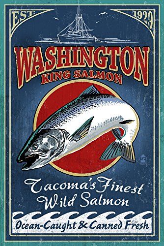 Tacoma, Washington - Salmon Vintage Sign (16x24 Giclee Gallery Print, Wall Decor Travel Poster) Salmon Art, Alaska Salmon, King Salmon, Wild Salmon, Whidbey Island, Anchorage Alaska, Retro Travel Poster, Art Populaire, Stock Art