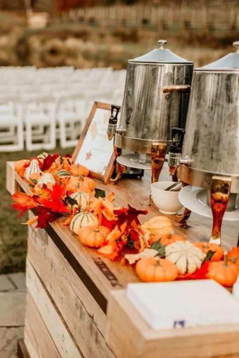 Fall Wedding Catering Ideas, Cider Station Wedding, Soup Bar At Wedding Reception, Wedding Cider Bar, Fall Wedding Donuts And Cider, Hot Apple Cider Bar Wedding, Soup Wedding Bar, Hot Cocoa And Apple Cider Bar, Apple Cider Decor