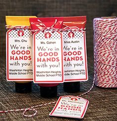 Hand Lotion Tags | 9 Quick and Easy Teacher Appreciation Gifts | PTOToday.com Easy Teacher Appreciation Gifts, Teacher Appreciation Luncheon, Counselor Appreciation, Pto Today, Boss Birthday Gift, Easy Teacher Gifts, Staff Appreciation Gifts, Lotion Gift, Marketing Gift