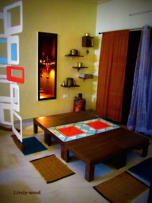 dress your home - Indian design, handloom Floor Dining Table Ideas, Floor Seating Dining, Dining Table Indian, Floor Dining Table, Wood Dress, Indian Bedroom Decor, Mudroom Decor, Cozy Furniture, Indian Home Design