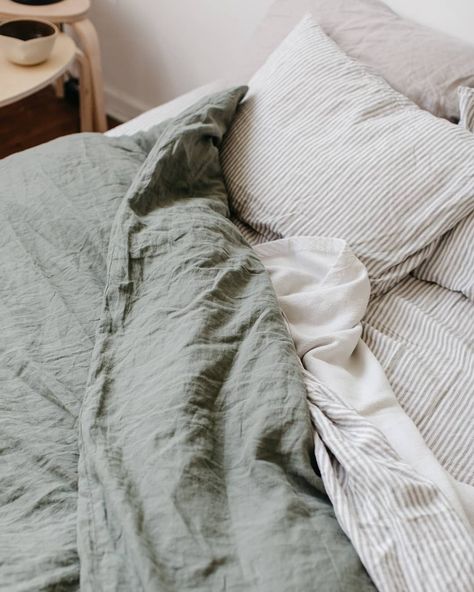 IN BED on Instagram: “A fresh combination of our khaki and grey & white stripe linen at the home of photographer Juan Hernandez, as seen…” Linen Duvet Cover, Green Bedding, Bedding Stores, Crib Bedding Sets, Linen Duvet, Linen Set, Room Inspiration Bedroom, Room Aesthetic, Dream Bedroom