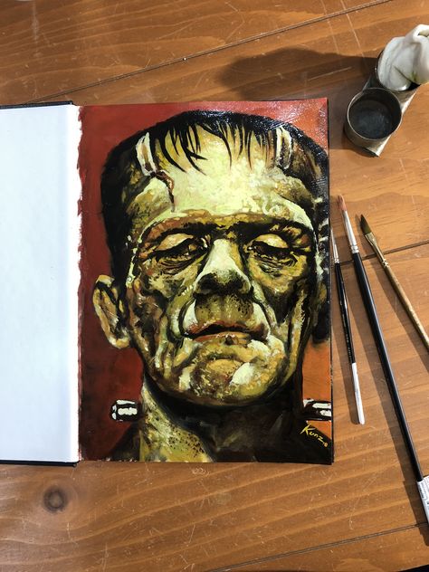 Frankenstein Oil on Paper 9x12. Frankensteins Monster Art, Frankenstein Painting, Frankenstein Drawing, Frankenstein Book, Side View Drawing, Frankenstein Art, Gcse Art Sketchbook, Business Theme, Famous Monsters