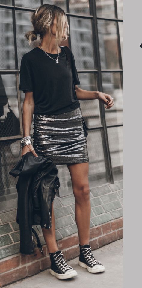 Edgy Work Outfits Women Summer, I Only Wear Black, Black Skirt Outfit Business, Xmas Lunch Outfit, Black Mini Skirt Concert Outfit, Black Sequin Skirt Outfit Casual, Rock Looks For Women, Edgy Party Outfits, Rocker Outfits For Women