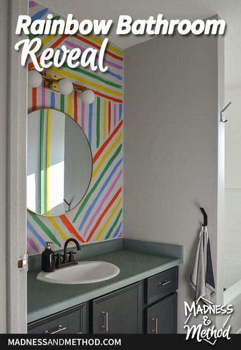 A complete painted bathroom makeover in just six weeks. This rainbow bathroom reveal is mostly neutral, but has some fun colour accents too! Rainbow Bathroom Kids, Bright Color Bathroom, Rainbow Bathroom Decor, Neutral Bathroom Ideas, Kids Bathroom Paint, Striped Accent Walls, Painted Shower Tile, Ashley Gilbreath, Rainbow Bathroom