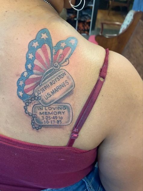 Veteran Memorial Tattoo, We The People Tattoos, America Flag Tattoo, Papa Memorial, We The People Tattoo, Dog Tags Tattoo, Marine Corps Tattoos, People Tattoos, Excersise Outfits