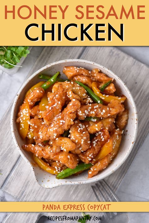 Honey Sesame Chicken Breast is loaded with crispy white meat chicken, green beans and yellow bell peppers. This Panda Express copycat recipe is easy and affordable to make at home! You likely have all of the simple pantry ingredients on hand. Fry the chicken until crunchy and toss with tender veggies in a sweet and sour honey sauce. Top it off with sesame seeds for a delicious crunch. Click through to get this awesome honey sesame chicken recipe!! #copycat #pandaexpress #honeysesamechicken Seseme Chicken, Homemade Panda Express, Panda Express Honey Sesame Chicken, Panda Express Copycat, Dash Recipe, Recipe Copycat, Honey Sesame Chicken, Sesame Chicken Recipe, Simple Pantry