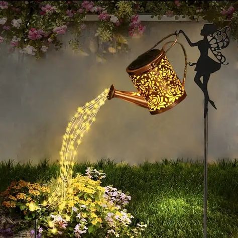 Solar-powered Fairy Watering Can Outdoor Garden Decor - Hanging Waterfall Light - Perfect For Christmas Or Birthday Gifts - Solar Charging, No Remote Cascading Lights, Solar Garden Decor, Angel Silhouette, Waterfall Lights, Cascade Lights, Led Decoration, Outdoor Garden Lighting, Effortless Beauty, Pathway Lighting