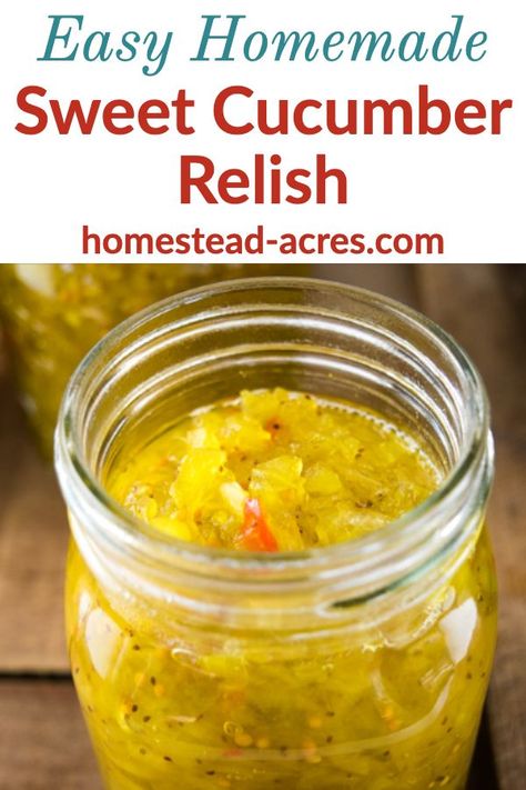 Homemade Sweet Cucumber Relish - Learn how to make this yummy homemade pickle relish it’s so easy! This step by step recipe will help you make a tasty sweet relish that your family will love to eat on hotdogs, hamburgers and more. #canning #relish #recipes #homesteadacres Canning Recipes Cucumber, Yellow Cucumber Relish, Easy Cucumber Relish, Recipes For Canning Cucumbers, Sweet Cucumber Relish Recipe Canning, What To Make With Cucumbers From The Garden, Sweet Pickled Cucumber Recipe, Cucumber Sweet Relish, Homemade Sweet Relish From Cucumbers