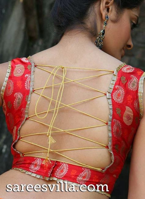 Back Strings Blouse Designs with Tassel/Latkans Dori Blouse, Choli Blouse, Saree Blouse Neck Designs, Backless Blouse Designs, Blouse Back Neck Designs, Indian Saree Blouses Designs, Saree Blouse Patterns, Designer Saree Blouse Patterns, Blouse Back