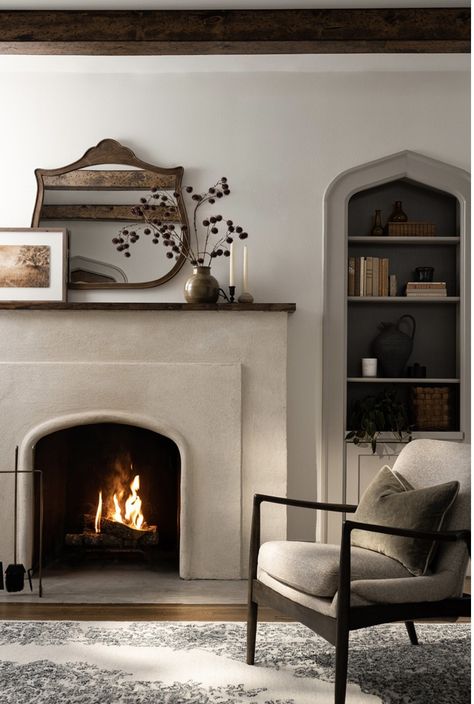 Wood Stoves Ideas, Fireplace And Built Ins, Pellet Stove Ideas, Celebration Painting, Black Brick Fireplace, Spanish Style Home Interior, Stucco Fireplace, Fireplace Redo, Spanish Home Decor