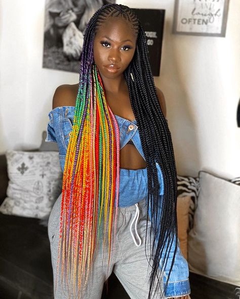 Loulou VEILLARD’s Instagram post: “Do you like how I played with these colors⁉️Tag someone who would rock🌈  Braider @braids_by_twosisters Makeup @the_lovely_onee Model…” Rainbow Braids, Braided Hairstyles For Black Women Cornrows, Colored Braids, African Hair Braiding Styles, Braided Ponytail Hairstyles, Girls Hairstyles Braids, Braid In Hair Extensions, Cornrow, Cornrow Hairstyles