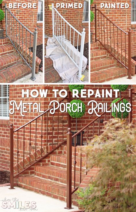 How to Repaint Metal Porch Railings & Add Instant Curb Appeal | Where The Smiles Have Been #curbappeal #repaintingrailings #homeimprovement #DIY #porch How To Paint Metal Railing Outside, Painting Iron Railing, Painting Metal Railings Outdoor, Paint Iron Railing, Painting Wrought Iron Railing, Patio Coverings, Curb Appeal Easy, Iron Railings Outdoor, Painted Porch