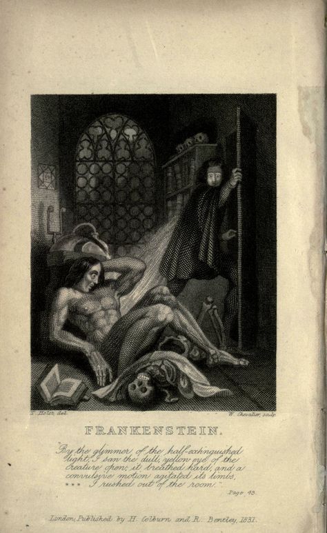 FRANKENSTEIN. “By the glimmer of the half-extinguished light, I saw the dull, yellow eye of the creature open; it breathed hard, and a convulsive motion agitated its limbs, *** I rushed out of the room.” Page 43. ('Frankenstein,' inside-cover of the third edition printing in 1831). The Modern Prometheus, Mary Wollstonecraft, Mary Shelley Frankenstein, Victor Frankenstein, Gothic Fiction, Gothic Novel, Vintage Book Cover, Frankenstein's Monster, Mary Shelley