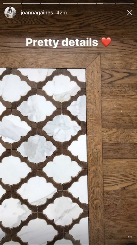 Joanne Gaines Fixer Upper Arabesque Tile inlay in Wood Flooring Joanne Gaines, Gaines Fixer Upper, Tile Inlay, Wood Tile Bathroom, Inlay Flooring, Entryway Tile, Porcelain Wood Tile, Entryway Flooring, Arabesque Tile