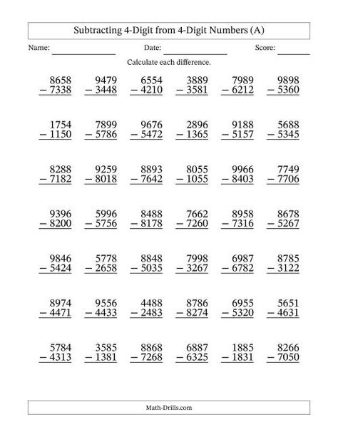 The Subtracting 4-Digit from 4-Digit Numbers With No Regrouping (42 Questions) (A) Math Worksheet Easter Math Worksheets, Fact Family Worksheet, Thanksgiving Math Worksheets, Money Math Worksheets, Number Sense Worksheets, Multiplication Facts Worksheets, Halloween Math Worksheets, Math Flash Cards, Integers Worksheet