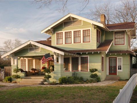 Arts and crafts homes became popular in the US in the early 1900s, and they typically have numerous windows and a low-pitched roof as is the case with this lovely light green home. Craftsman Home Exterior, Small Craftsman, Porch Paint, Craftsman Bungalow, Craftsman Exterior, Plans Architecture, House Small, Craftsman Style House, Beige Wall