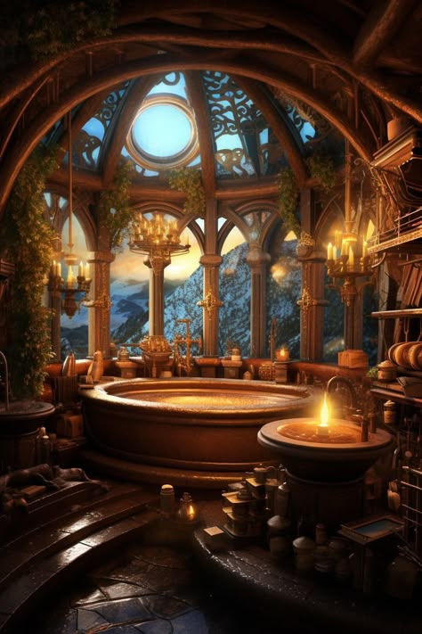 Rivendell Interior Design, Dnd Bathhouse, Fantasy Bathroom Concept Art, Lotr Bathroom, Lotr Bedroom, Medieval Bathroom, Dragonstone Castle, Elven Bedroom, Castle Bathroom