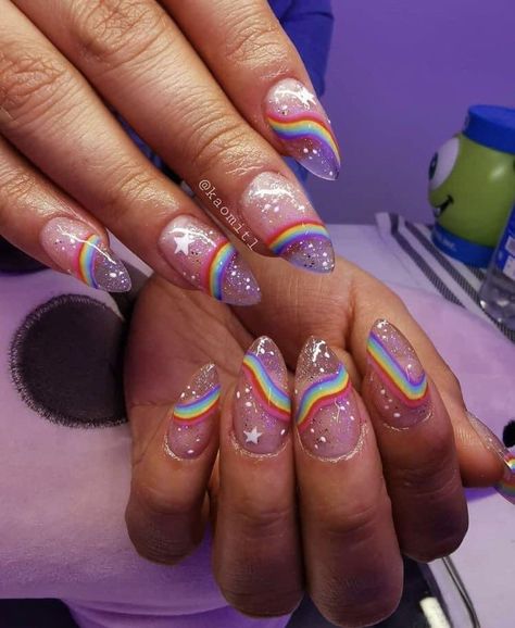 Nail Art Paillette, Rainbow Nails Design, Shaped Nails, Amazing Nails, Nails Colors, Almond Shaped, Kawaii Nails, Get Nails, Rainbow Nails