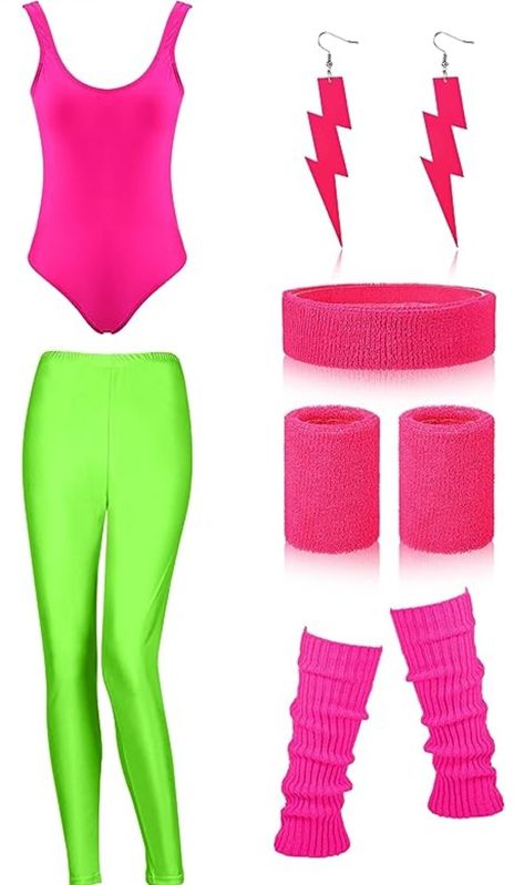 Super cute 89's/90's Barbie workout outfit with leotard, leggings, leg warmers, sweatband, wrist warmers, and lightning earrings. Glamrock Chica Cosplay, 80s Themed Costumes, 90s Workout, Workout Costume, 80s Workout Costume, Neon Bathing Suits, Workout Barbie, Jogging Leggings, Barbie Halloween Costume