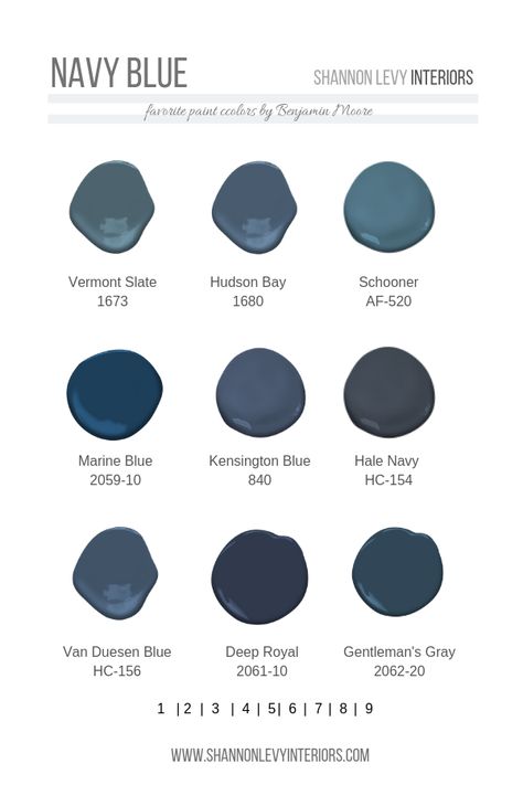 NAVY BLUE PAINT- just can not get enough of these blue hues.   Dark blue is a versatile color that elicits a grounded and calming sense in an interior space.  These are some of my favorite blue paint by Benjamin Moore. These work well on an accent wall, on the base of a  kitchen island, or as a grounded yet elegant color for cabinetry.  #paint  #bluepaint  #navyblue  #homedecor  #colorinspiration  #colorpalette  #halenavy  #benjaminmoore Van Duesen Blue, Navy Blue Paint, Best White Paint, Favorite Paint, Bedroom Paint Colors, Elegant Color, Kitchen Paint, Paint Colors For Home, The Navy