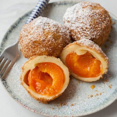 Marillenknödel (Austrian apricot dumplings) - Everyday Delicious Cheese Dough, Apricot Recipes, European Recipes, Kinds Of Cheese, German Recipes, Cream Cheese Spreads, Unique Desserts, Sugar Cubes, Cheese Spread