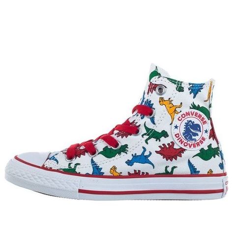 Converse Chuck Taylor All Star High PS 'Dinoverse Print' White/Enamel Red/Totally Blue 663636C Red Converse Shoes, Converse Gold, Shark Shoes, Toddler Converse, Red Converse, Leopard Shoes, Kids Converse, High Sneakers, Star Sneakers