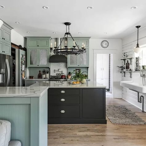 Sherwin Williams Halcyon Green Kitchen Halcyon Green Cabinets, Halcyon Green Sherwin Williams, Green Sherwin Williams, Halcyon Green, Retro Farmhouse Kitchen, Sherwin Williams Green, Unfinished Cabinets, Inset Cabinetry, Eclectic Farmhouse