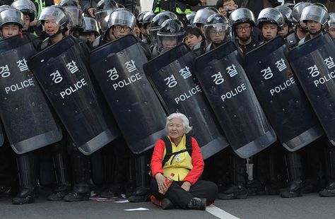 A Woman Sits In Front Of Riot Police Blocking The Road To Protect Protesters During The Anti-Government Protest In Seoul, South Korea, 24 April 2015 Carolina Do Norte, Portfolio Photography, Riot Police, Anti Government, Reproductive Rights, Powerful Images, Srinagar, Old Woman, Foto Art