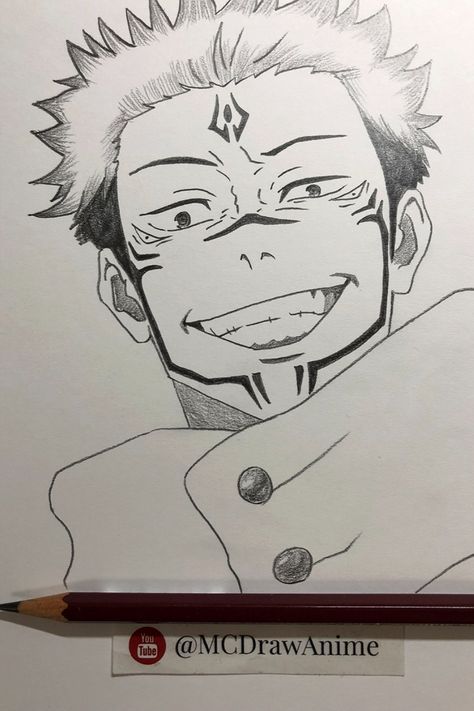 Sukuna Smiling, Sukuna Sketch, Sinister Smile, Sketch Process, Step By Step Sketches, Pencil Strokes, Anime Drawing, Anime Sketch, Jujutsu Kaisen