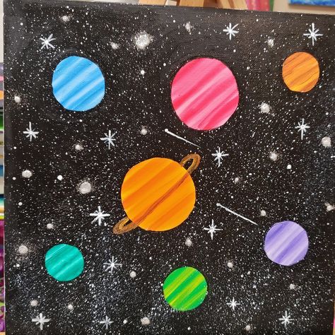 Painting Of Planets Easy, Simple Planet Painting, Easy Space Canvas Painting, Planets Painting Easy, Planet Acrylic Painting, Space Themed Painting Ideas, Space Painting For Kids, Solar System Painting Easy, Outer Space Painting Easy