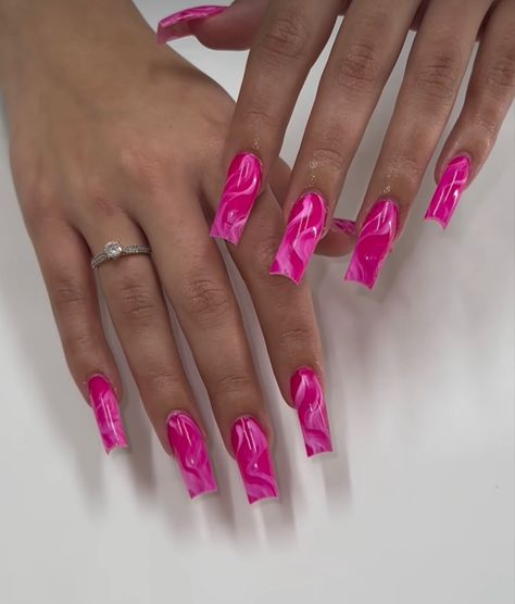 Pink Jelly Nails Designs, Hot Pink Aesthetic Nails Acrylic, Long Acrylic Nails Hot Pink, Hot Pink Nails Coffin Long, Clear Hot Pink Acrylic Nails, Girly Habits, Hot Pink 90s Nails, Miami Nails Ideas, Short Nail Sets