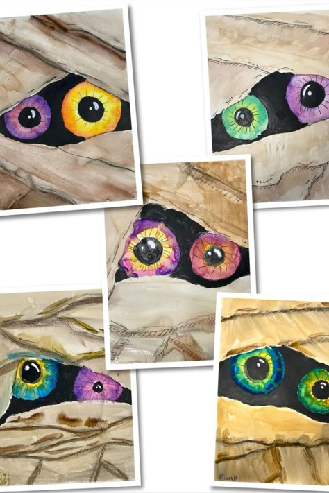 Five similar but different multimedia paintings of mummy eyes. Eyes are each different colors and peaking through the mummy wrappings. Spooky Halloween Art Ideas, Mummy Eyes Art, Grade 3 Fall Art Projects, Mummy Eyes Art Project, Pop Art Art Projects, 4th Grade Halloween Art Projects, Pre K Art Projects Fall, Art Ideas For Grade 7/8, One Hour Art Projects