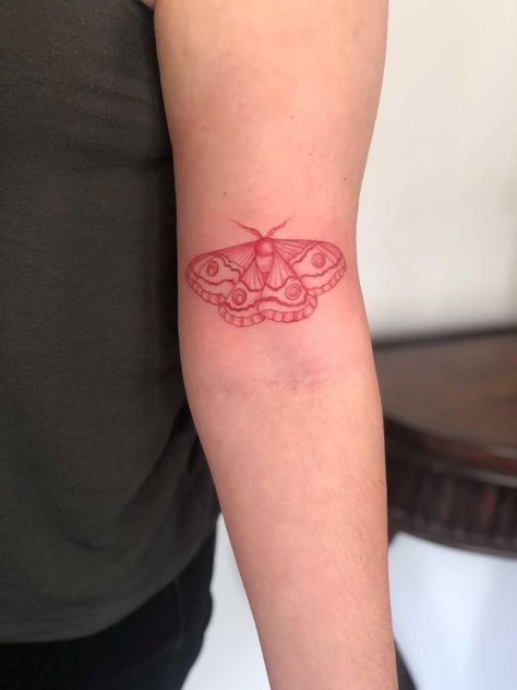 Red Ink Tattoos Faded, Red Ink Line Tattoo, Red Ink Moth Tattoo, One Line Moth Tattoo, Red And Black Tattoo Patchwork, Red Elbow Tattoo, Moth Bicep Tattoo, Black And Red Moth Tattoo, Moth Tattoo Cute