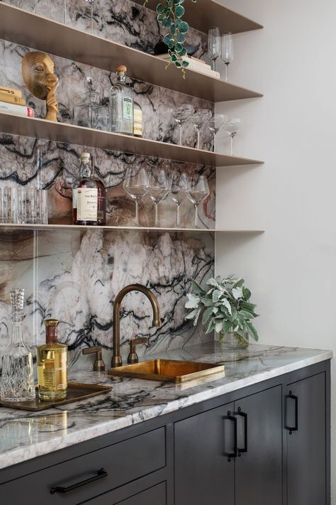 Georgetown — Scheer & Co Bar With Marble Backsplash, Floating Glass Shelves Bar, Bourbon Wet Bar, Soapstone Wet Bar, Soapstone Counter Marble Backsplash, Floating Kitchen Shelves, Bar Nook, Bourbon Room, Home Wet Bar