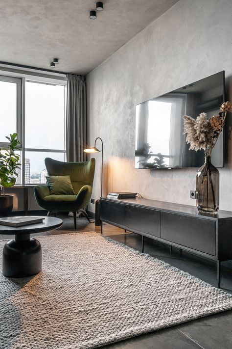 T-apartment on Behance Grey Wall Apartment Living Room, Wood Black And Grey Living Room, Industrial Grey Living Room, Small Luxury Apartment, Apartment Behance, Simple Living Room Designs, Minimal Apartment, Modern Apartment Interior, Condo Interior